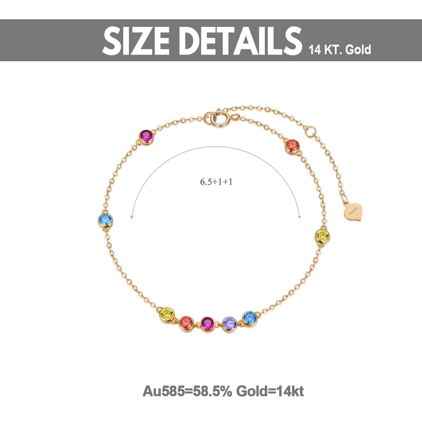 Pulsera de los chakras con circonita cúbica 5A y oro amarillo de 14 quilates.