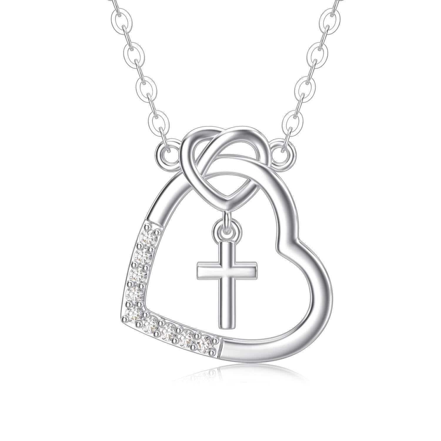 14K Gold CZ Heart with Cross Pendant Necklace