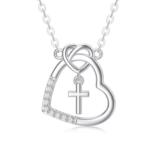 14K Gold CZ Heart with Cross Pendant Necklace