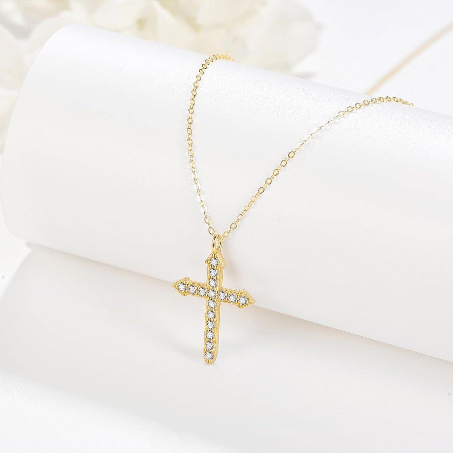 14K Gold Cross Pendant Necklace with Cubic Zirconia