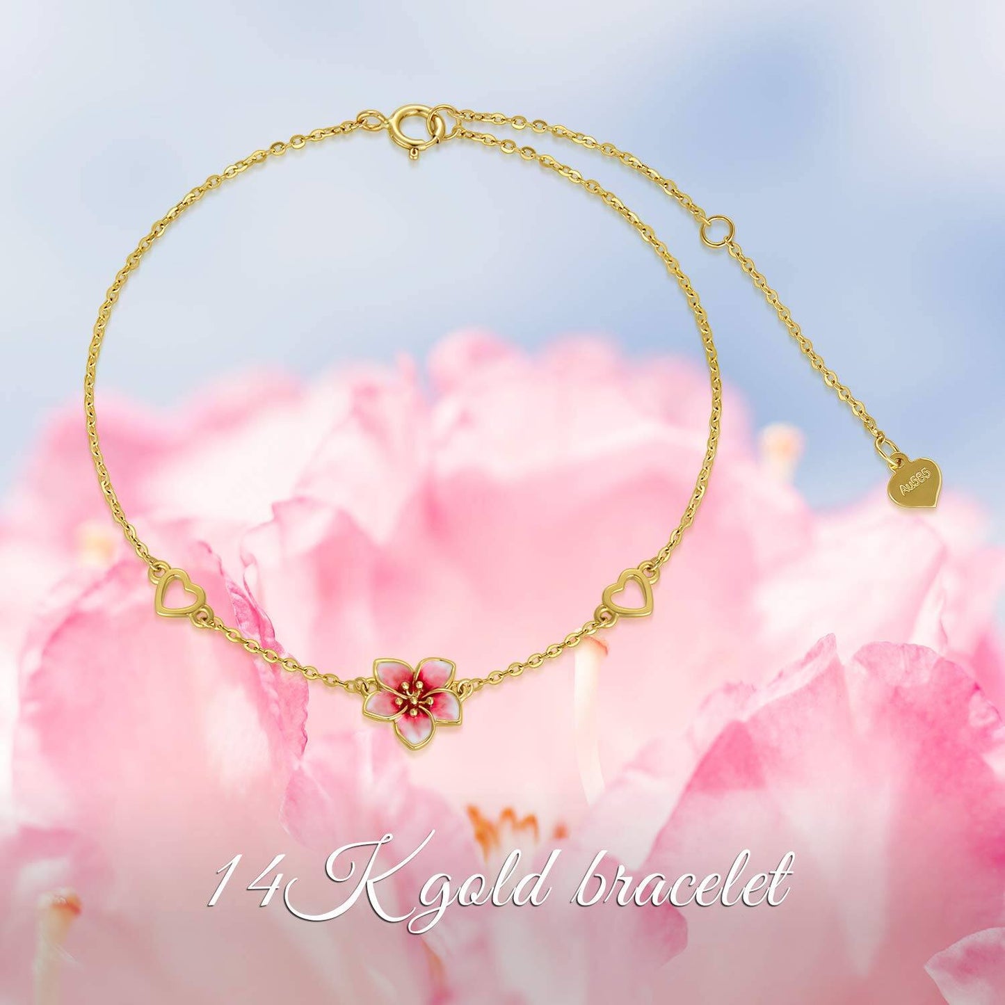 Tobillera con dije de corazón de flor de cerezo de esmalte rosa de oro de 14 quilates