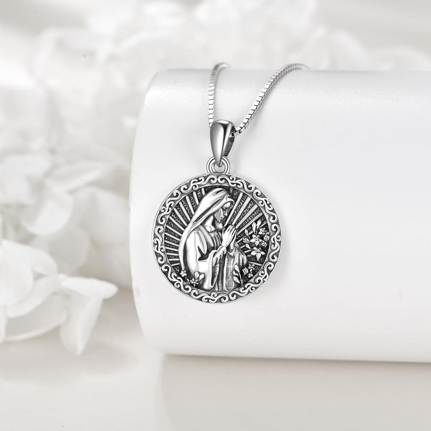 925 Sterling Silver Virgin Mary Pendant Necklace with Oxidized Finish – Elegant Religious Jewelry Gift