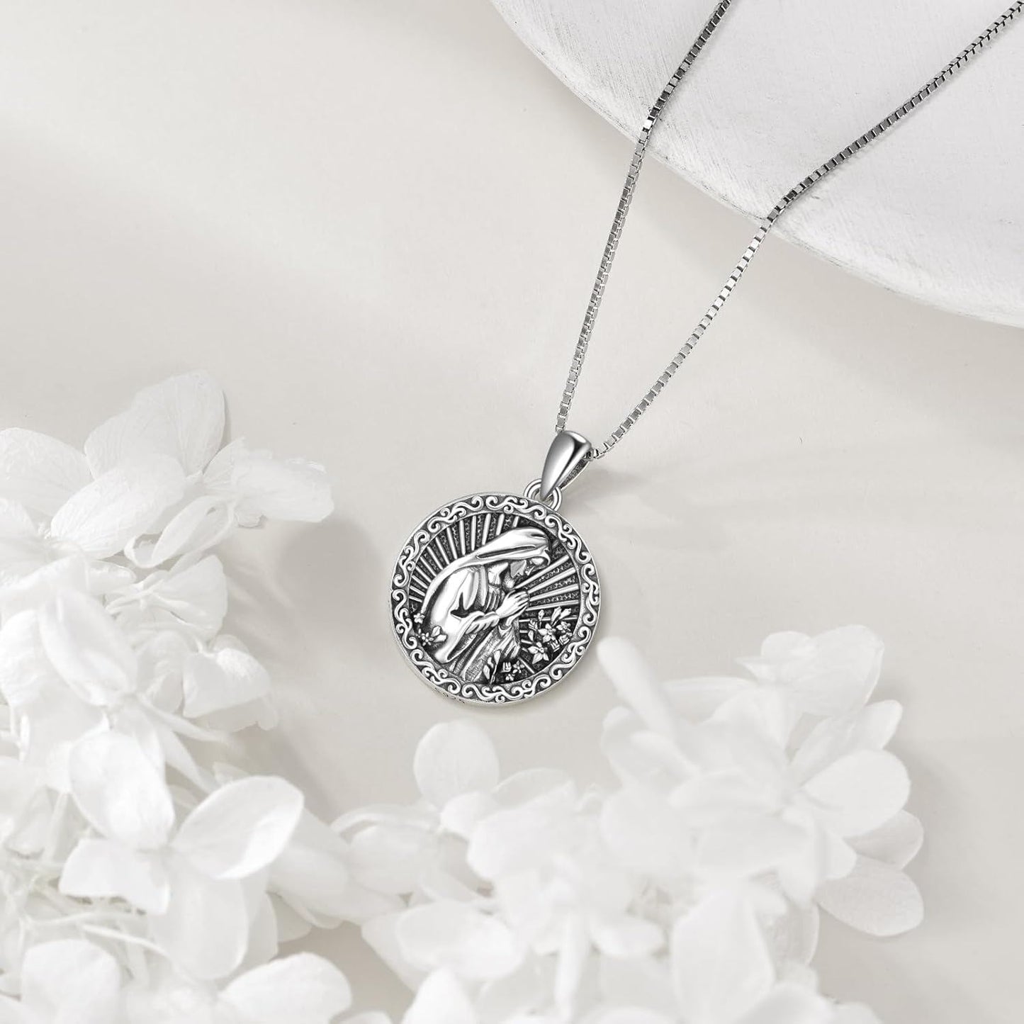 925 Sterling Silver Virgin Mary Pendant Necklace with Oxidized Finish – Elegant Religious Jewelry Gift