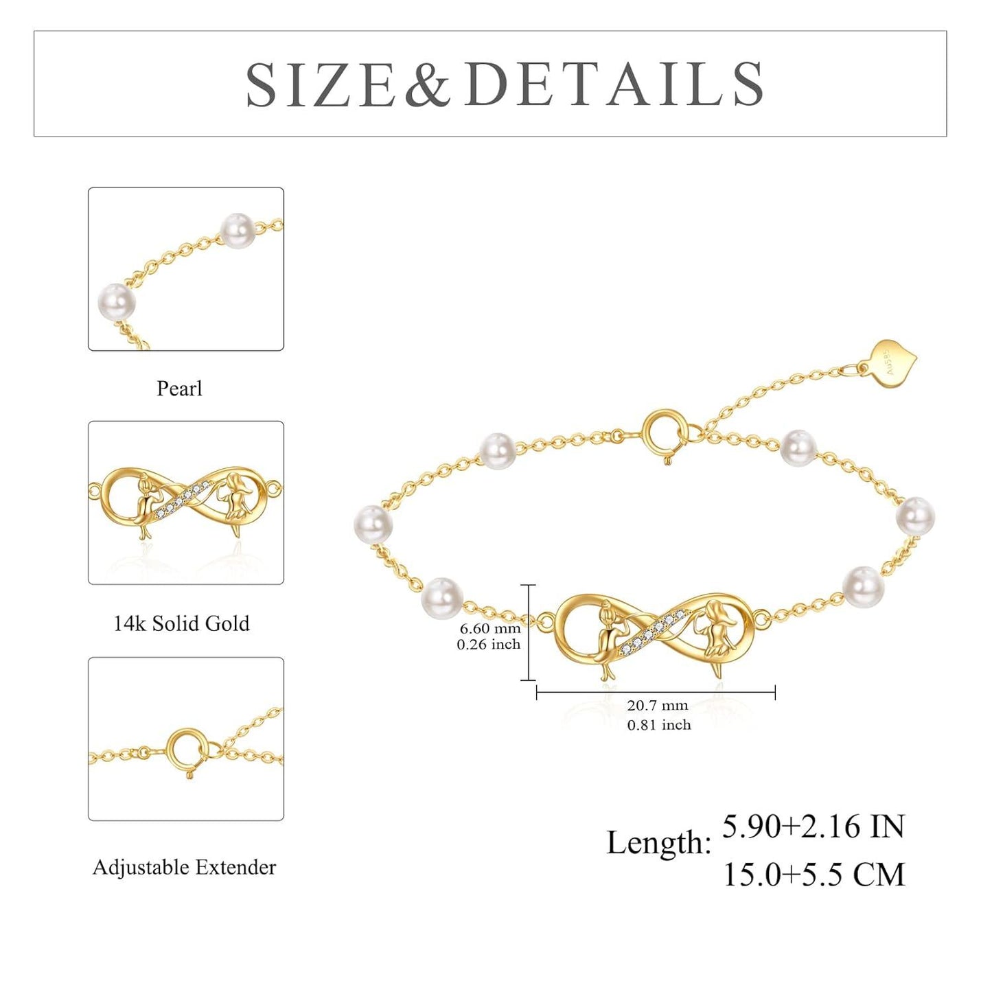 Pulsera de infinito para hermanas de oro de 14 quilates