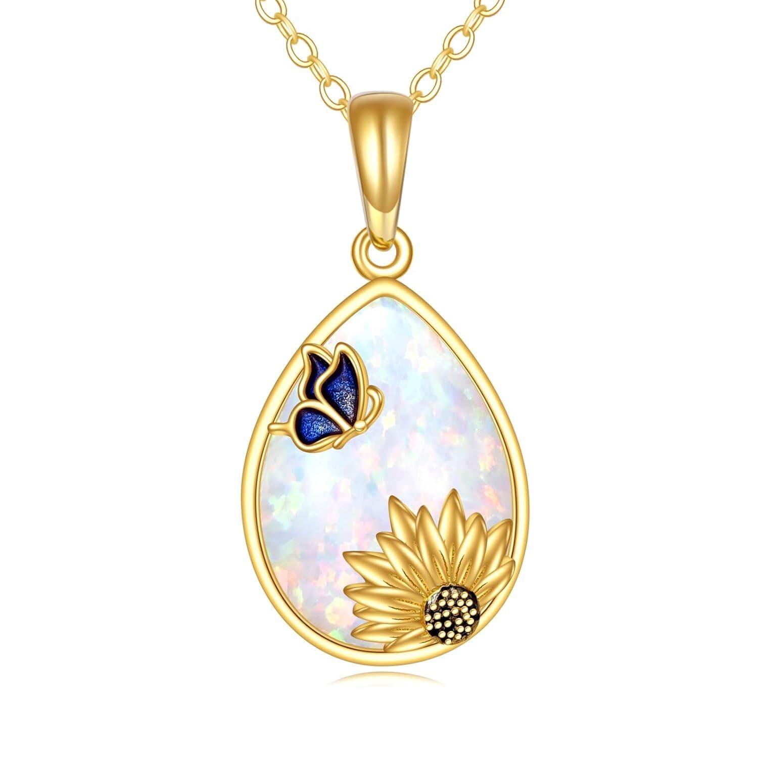 14K Real Gold Butterfly & Sunflower Opal Pendant Necklace
