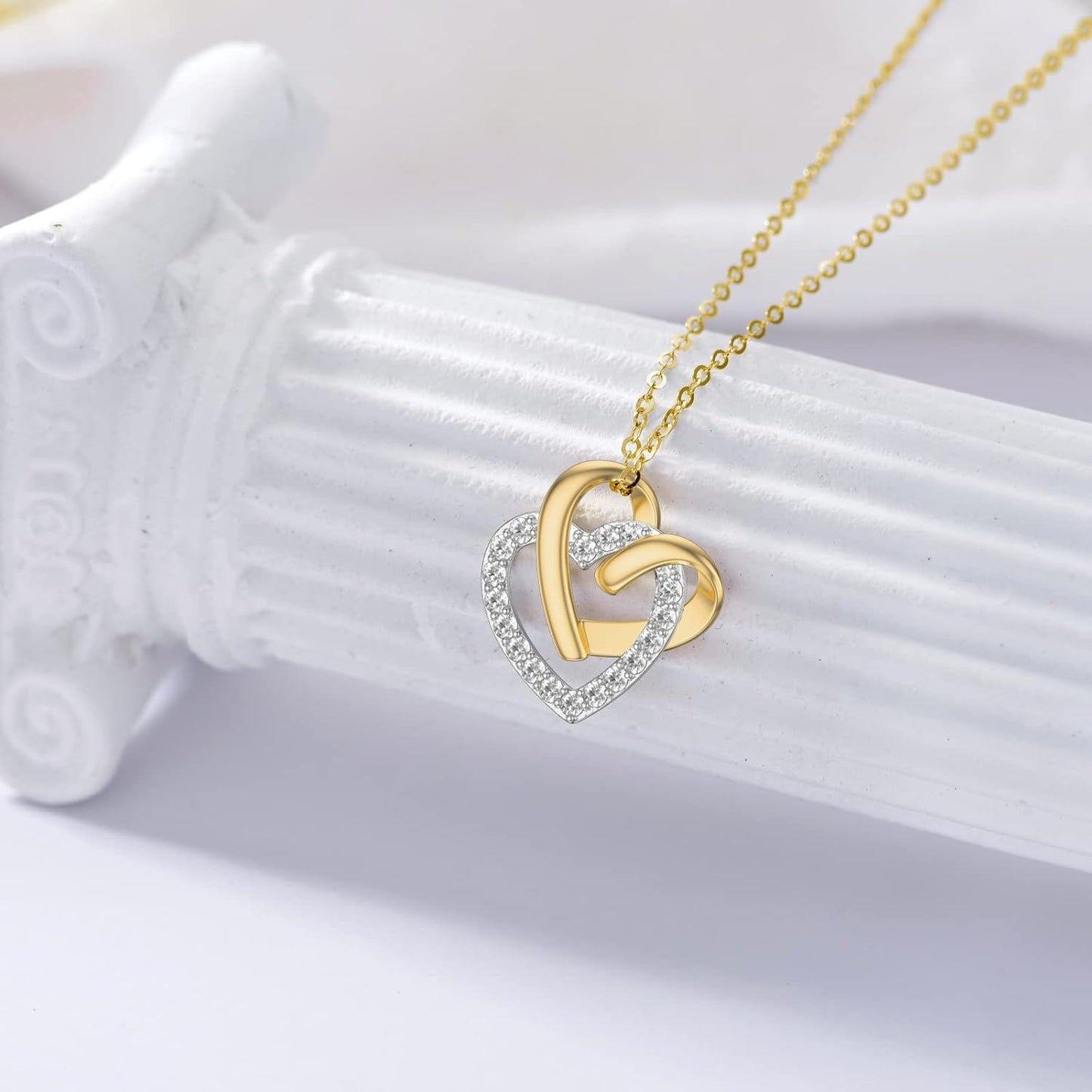 18K Rose & White Gold Double Heart Diamond Pendant Necklaces
