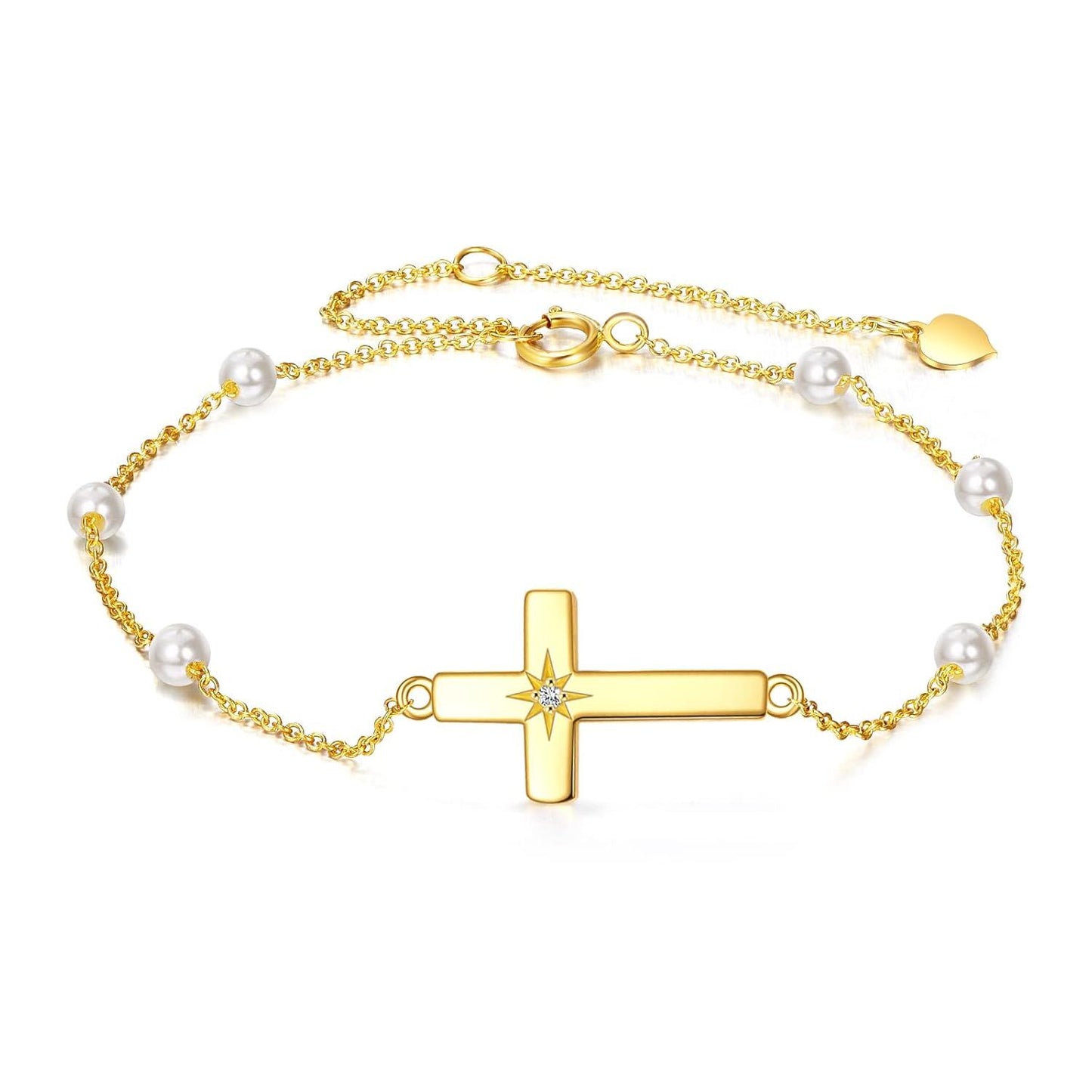 Pulsera de eslabones de cadena con cruz de perlas de oro de 14 quilates