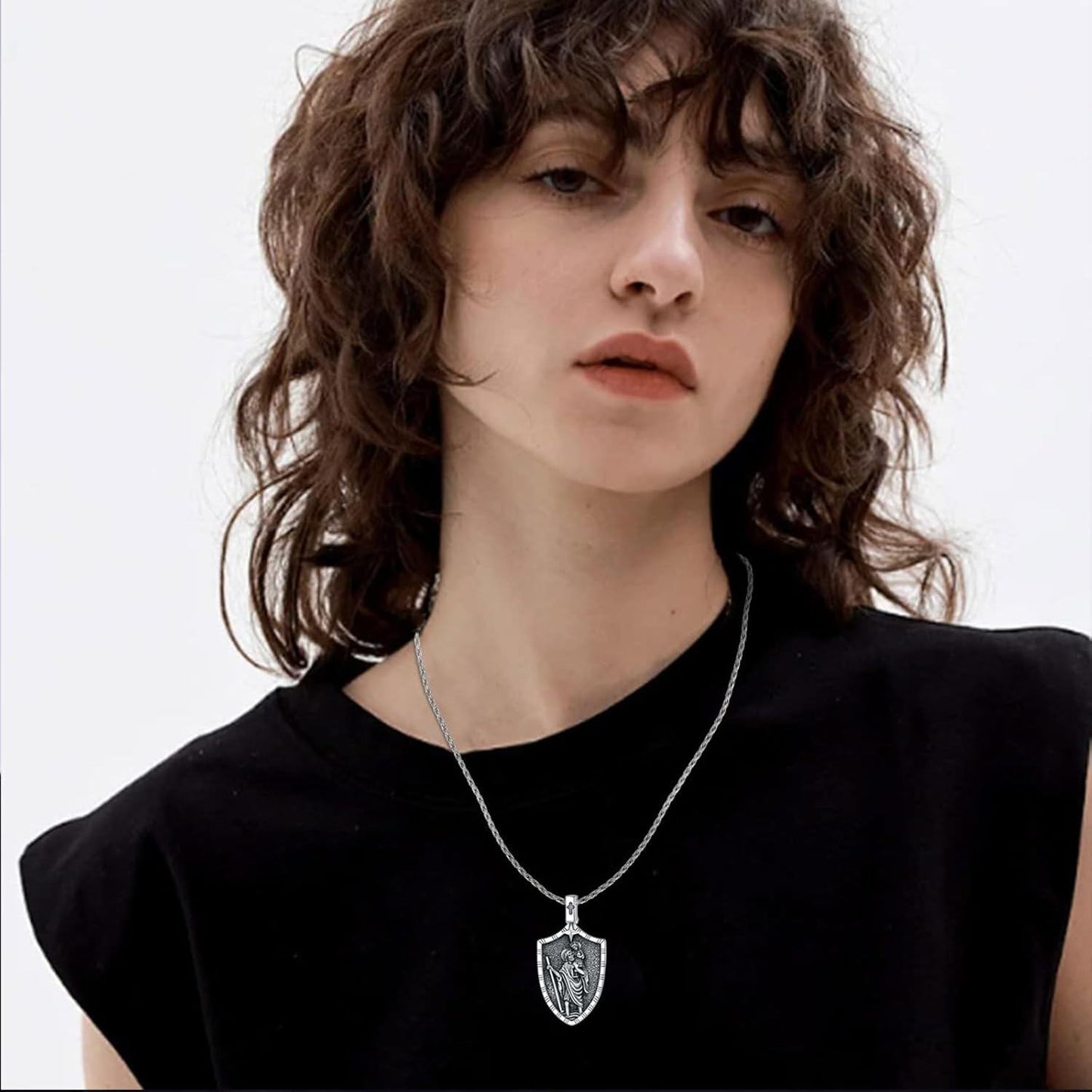 925 Sterling Silver St Christopher Shield Pendant Necklace