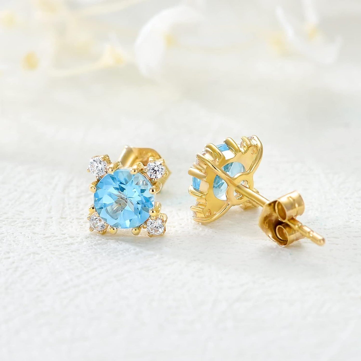 14K White Gold Blue Topaz And Cubic Zirconia Stud Earrings