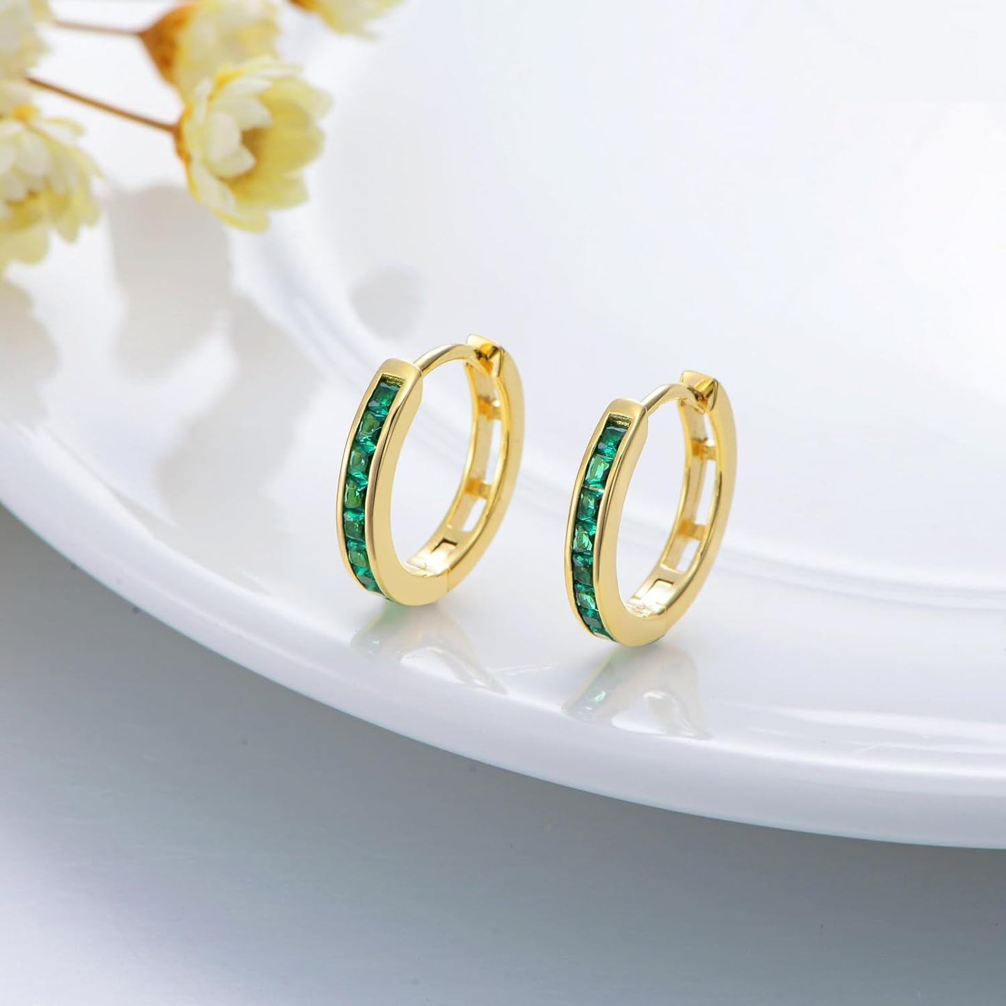 14K Gold Emerald Hoop Earrings - 3 Row Green Gemstone Jewelry