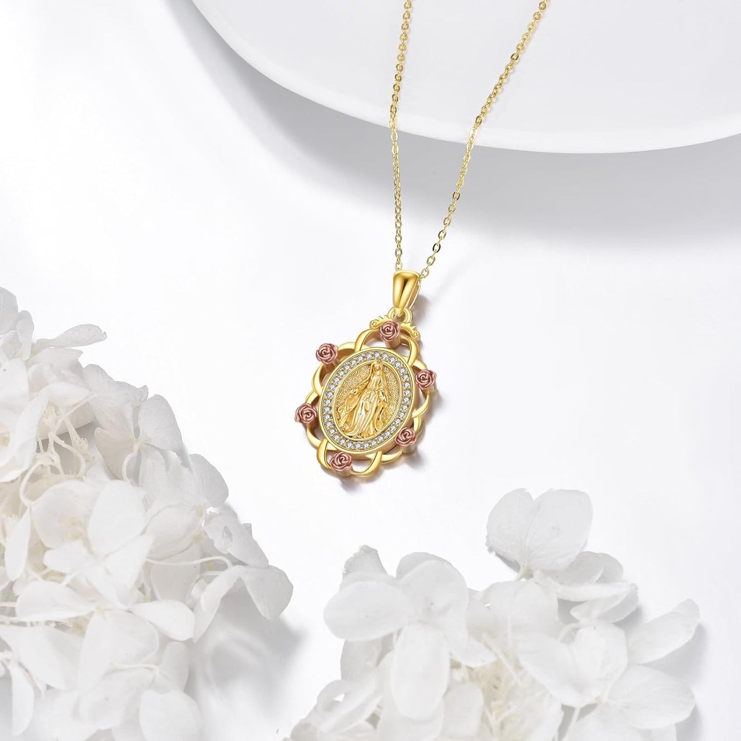 Virgin Mary Pendant Necklace | Gold 925 Sterling Silver with Cubic Zirconia | 24" Chain