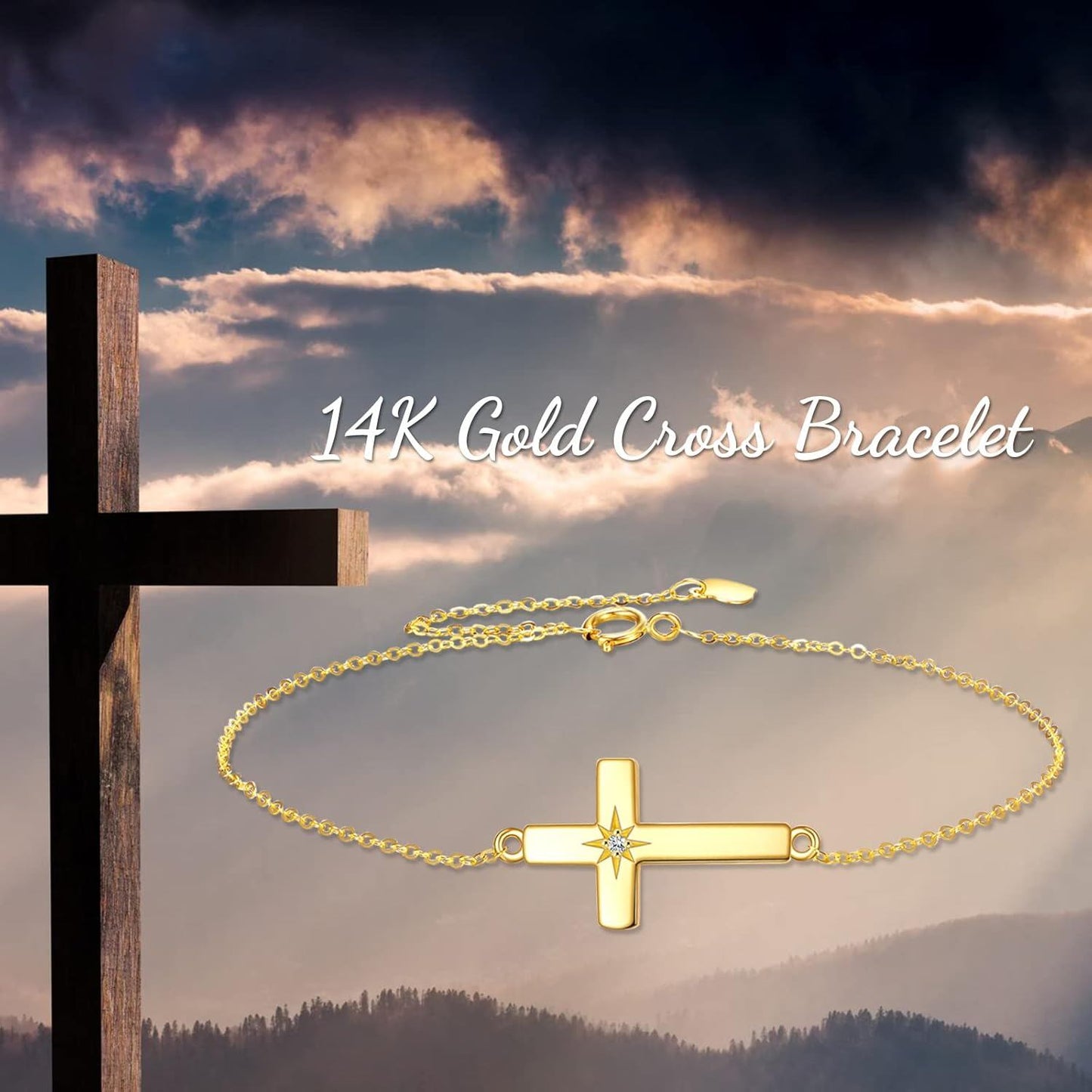 Pulsera de eslabones de cadena con cruz de perlas de oro de 14 quilates