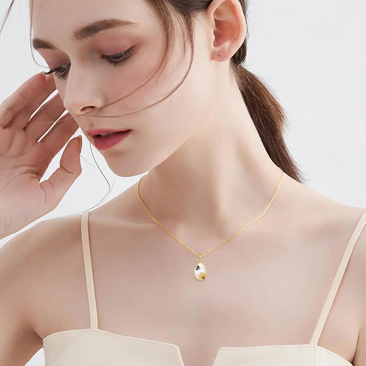 Collar de oro real de 14 quilates con colgante de mariposa y girasol de ópalo, hipoalergénico, regalo para mujer