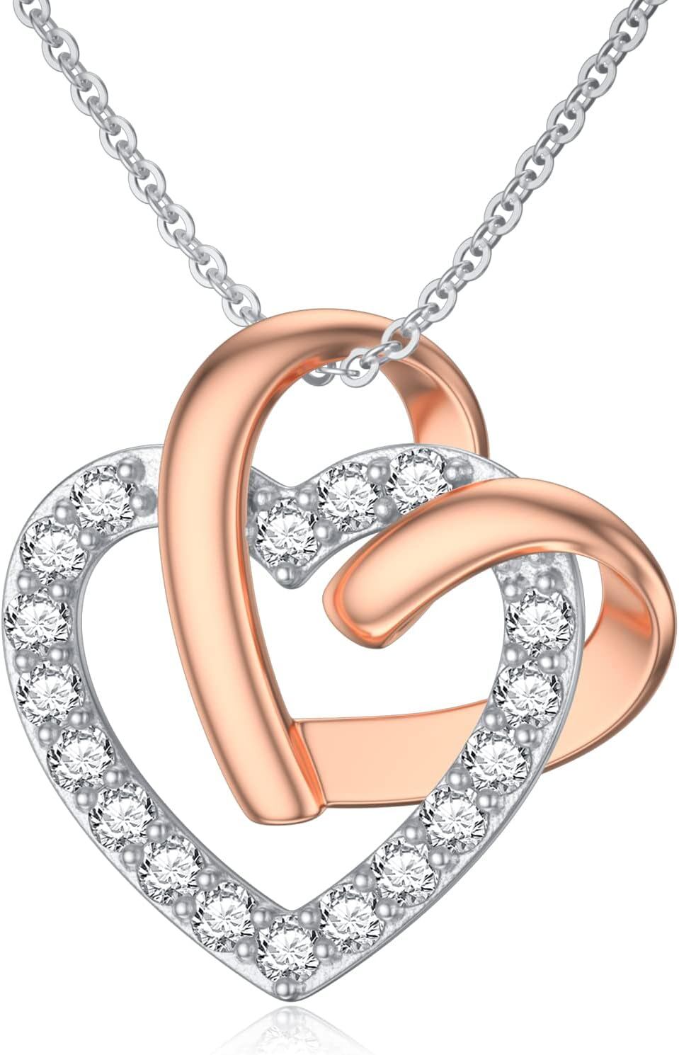 18K Rose & White Gold Double Heart Diamond Pendant Necklaces