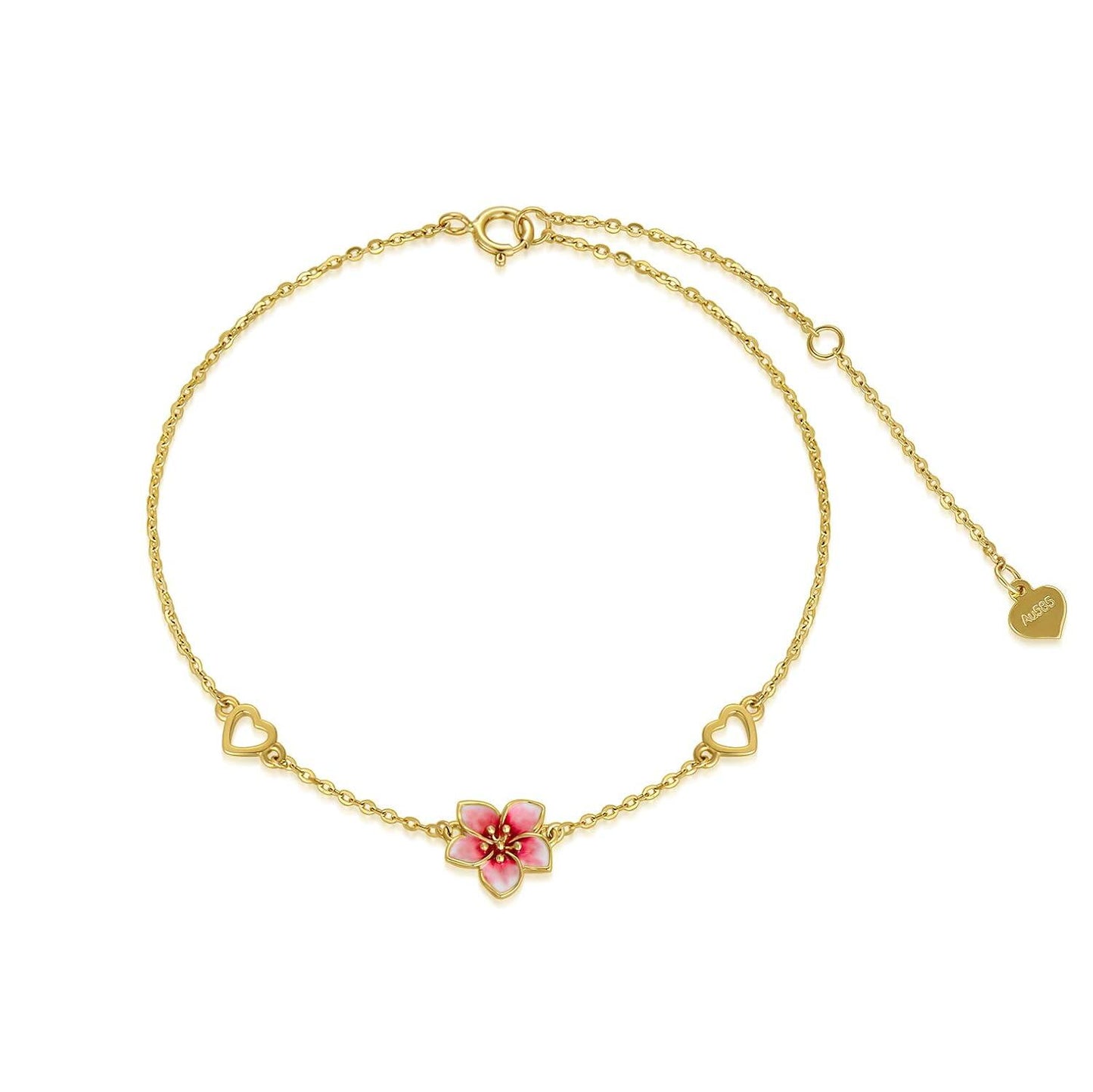 14K Gold Pink Enamel Cherry Blossom Heart Charm Ankle Bracelet