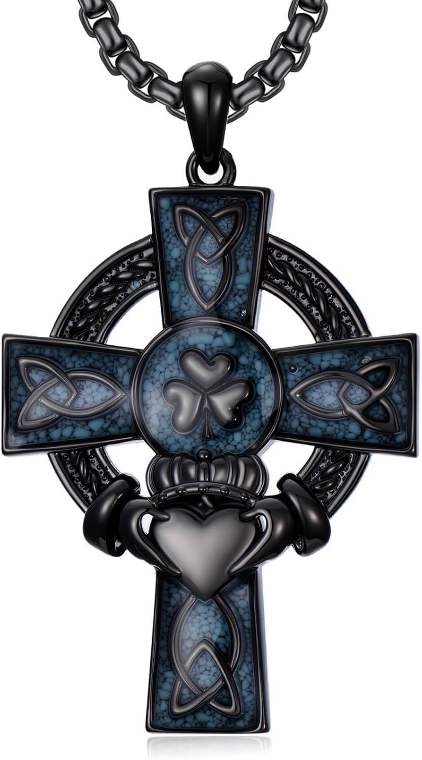 925 Sterling Silver Celtic Knot Trinity Shamrock Cross Pendant Necklace  with Stainless Steel Chain for Men & Women -