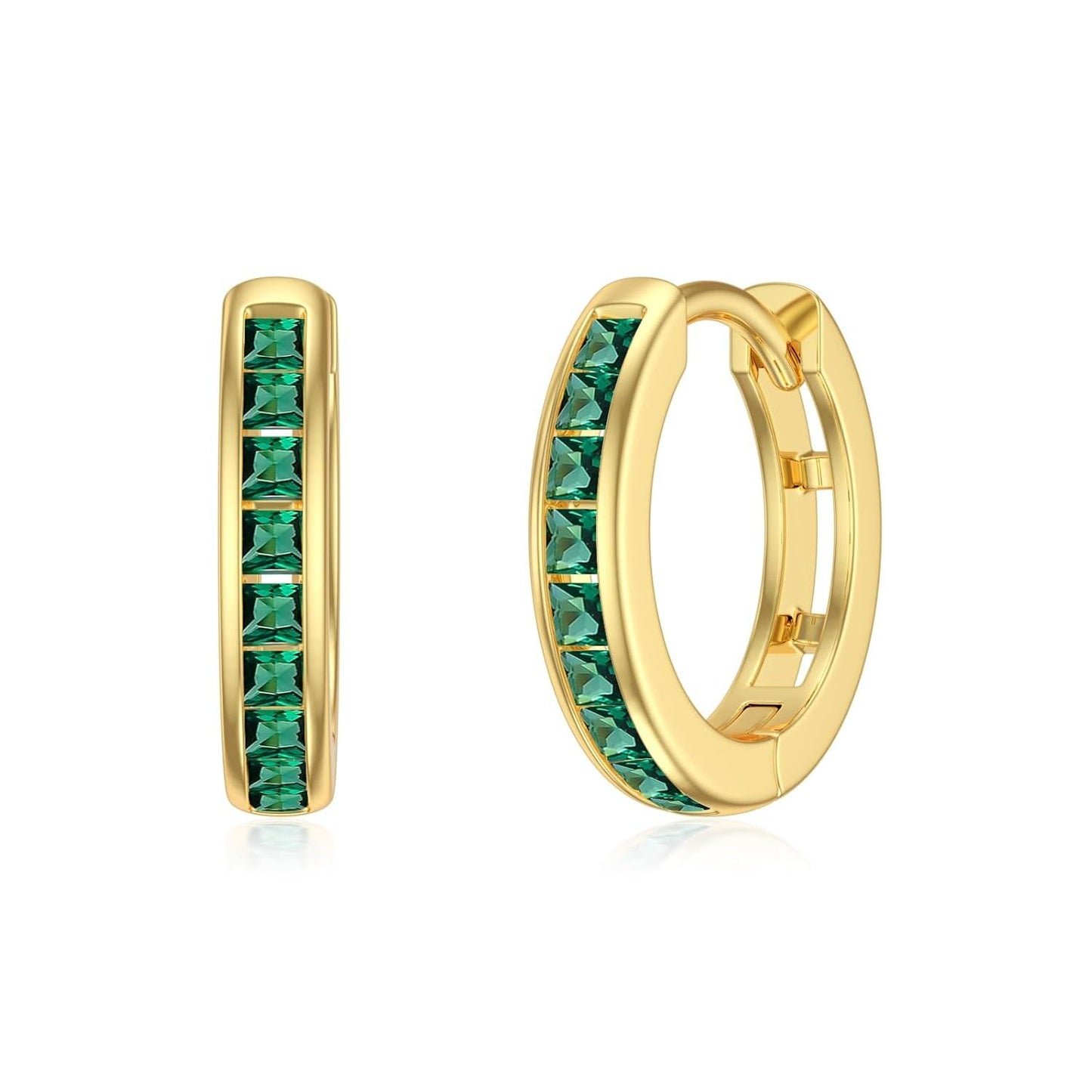 14K Gold Emerald Hoop Earrings - 3 Row Green Gemstone Jewelry