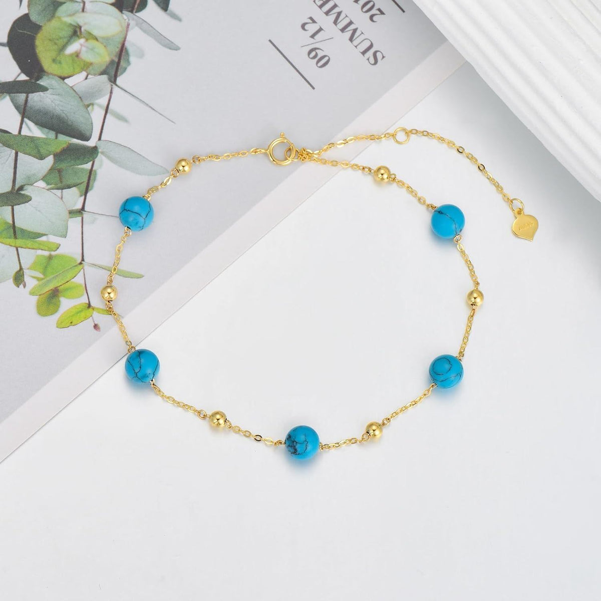 14k Gold Turquoise Round Bead Adjustable Chain Bracelet For Women