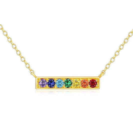 14K Gold 7 Chakras Bar Rainbow CZ Stone Pendant Necklace for Women