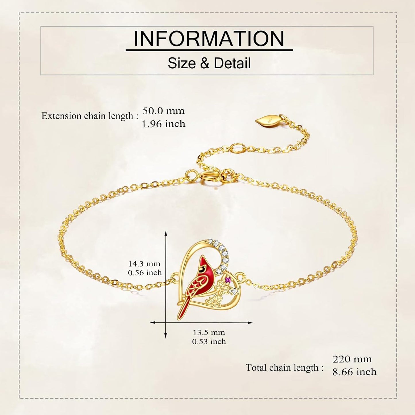 Pulsera con dije de corazón cardenal de oro de 14 quilates