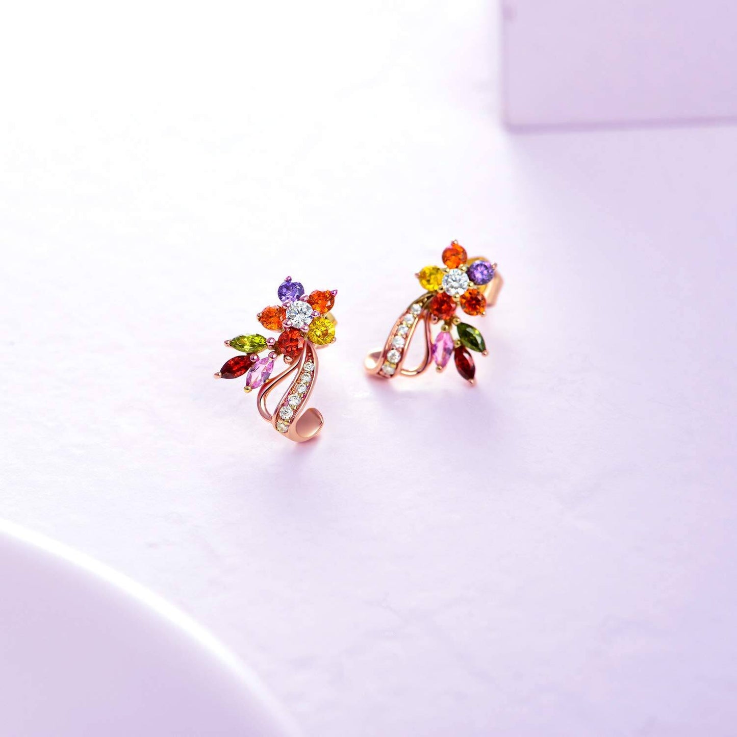 14K Rose Gold Flower Earrings With Multicolor Gemstones Moissanite And CZ
