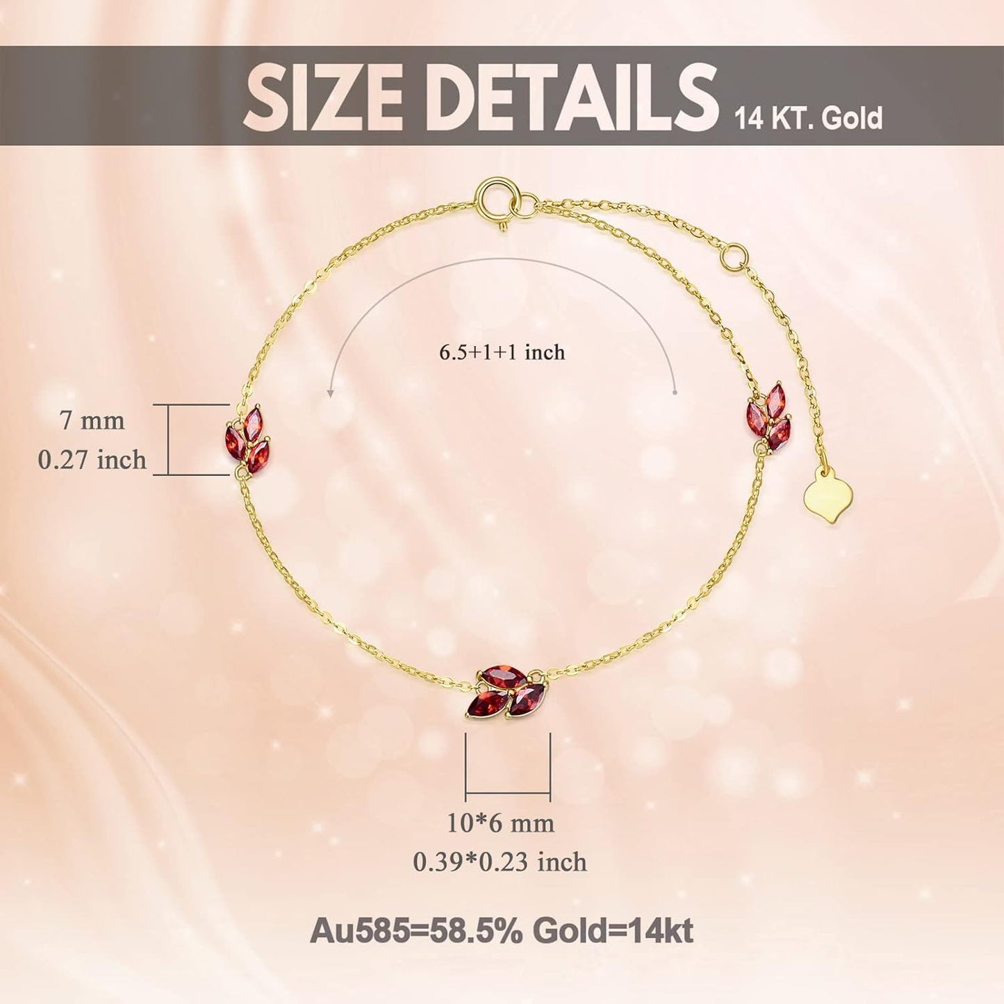 Pulsera con dije de hojas de cristal rojo de oro de 14K