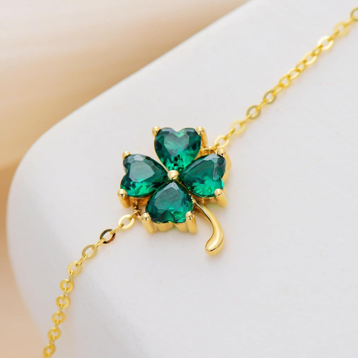 14k Gold Green Four Leaf Clover Bracelet