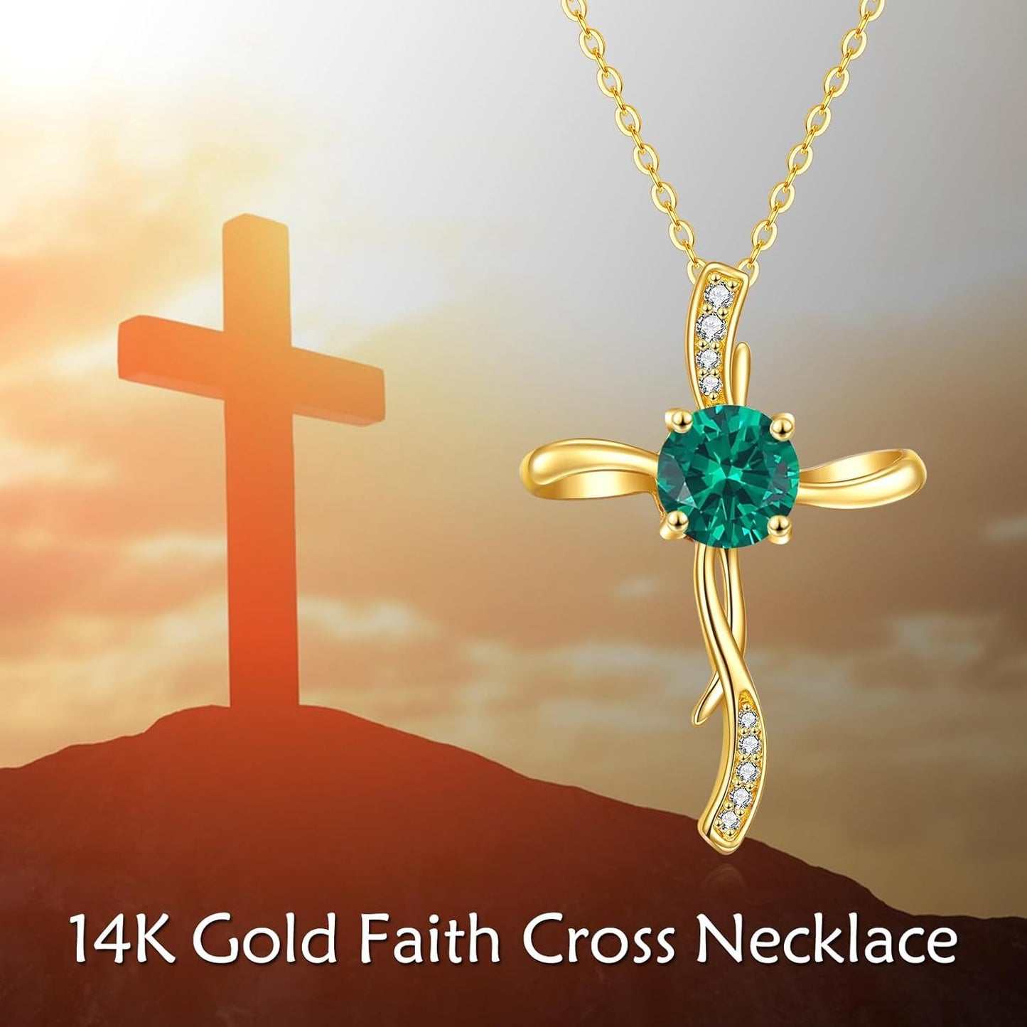14K Gold Women's Cross Necklace with Cubic Zirconia