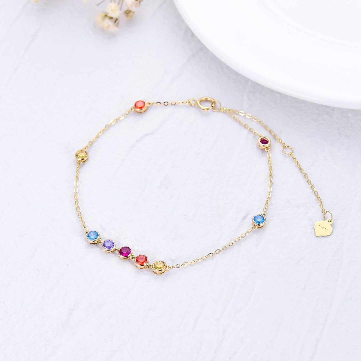 Pulsera de los chakras con circonita cúbica 5A y oro amarillo de 14 quilates.