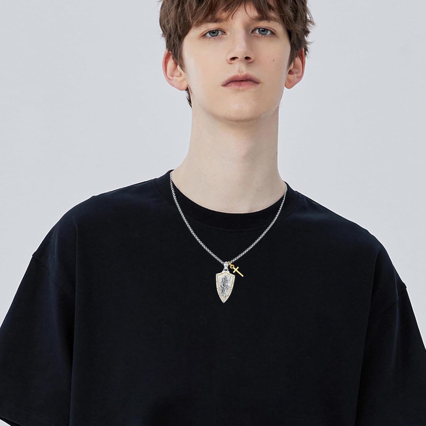Sterling Silver Saint Michael Shield Cross Necklace for Men