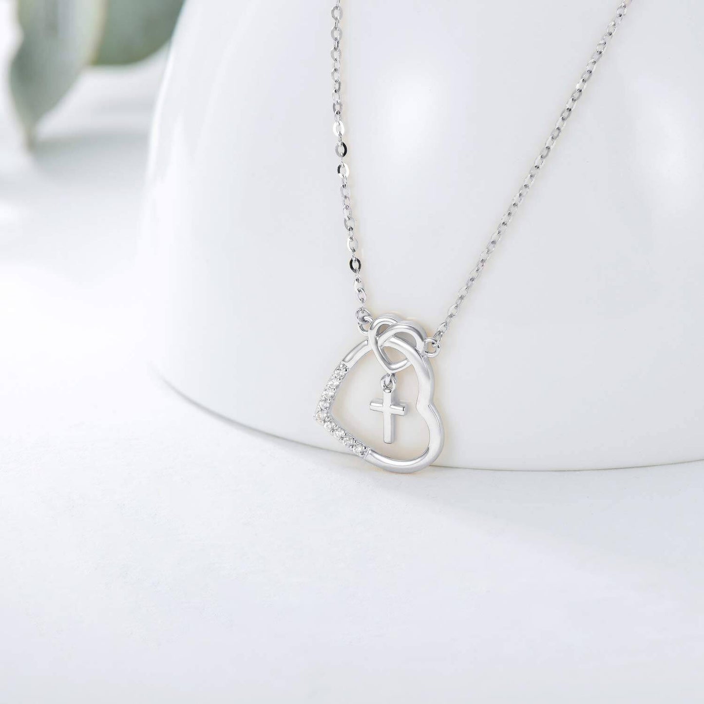 14K Gold CZ Heart with Cross Pendant Necklace