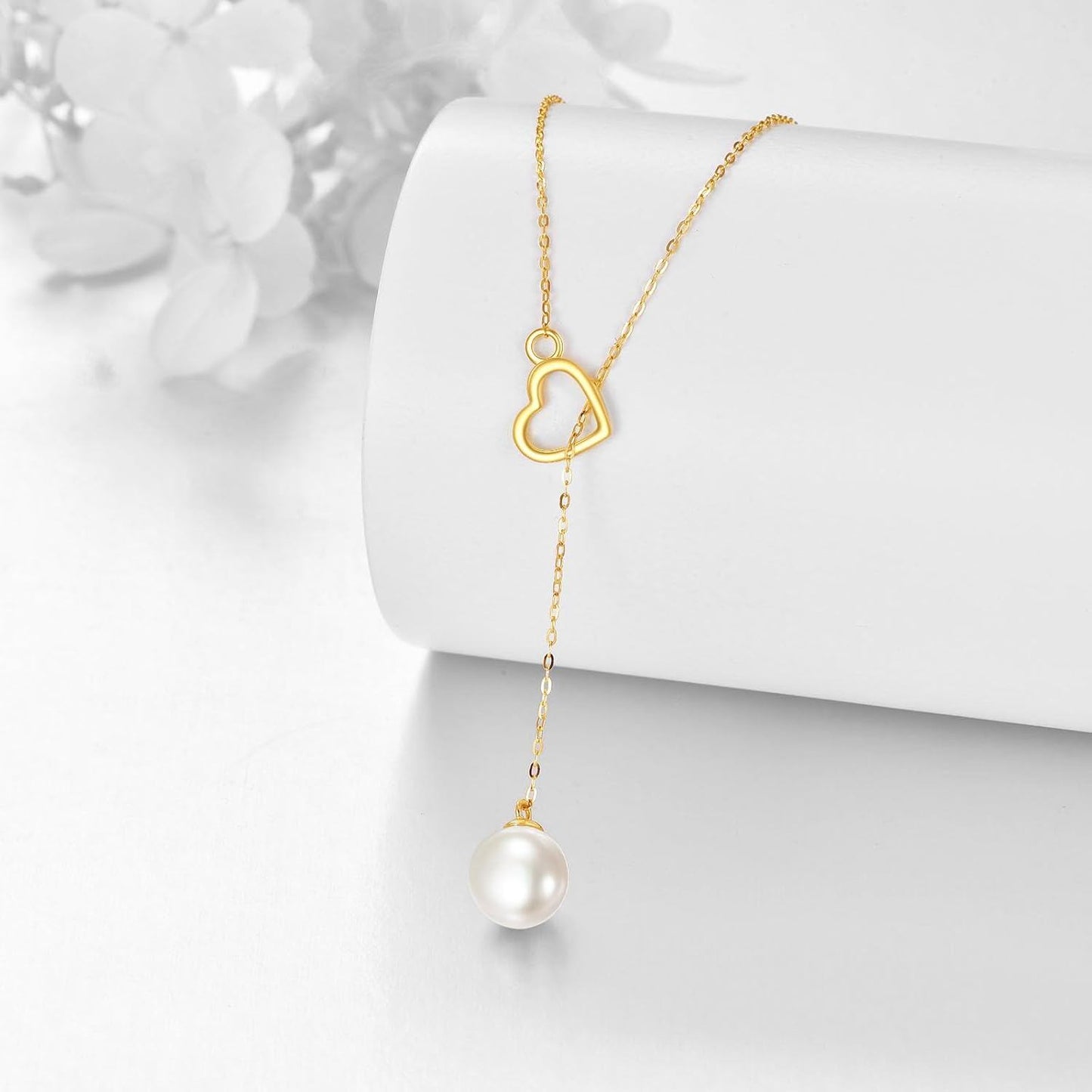 14K Gold Heart & Pearl Lariat Necklace