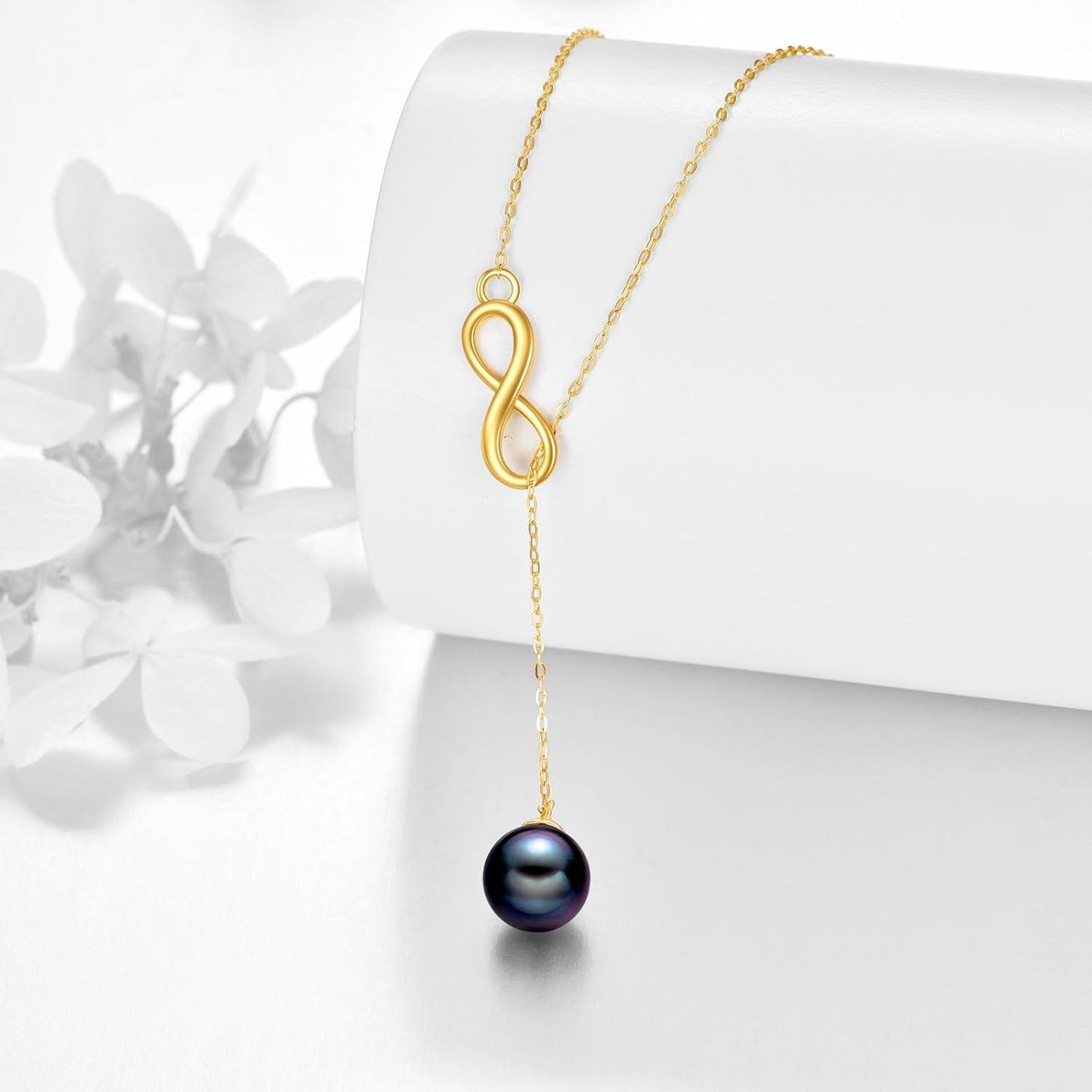 14K Gold Infinity Black Pearl Lariat Necklace