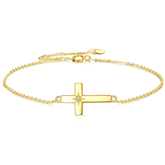 Pulsera de eslabones de cadena con cruz de perlas de oro de 14 quilates
