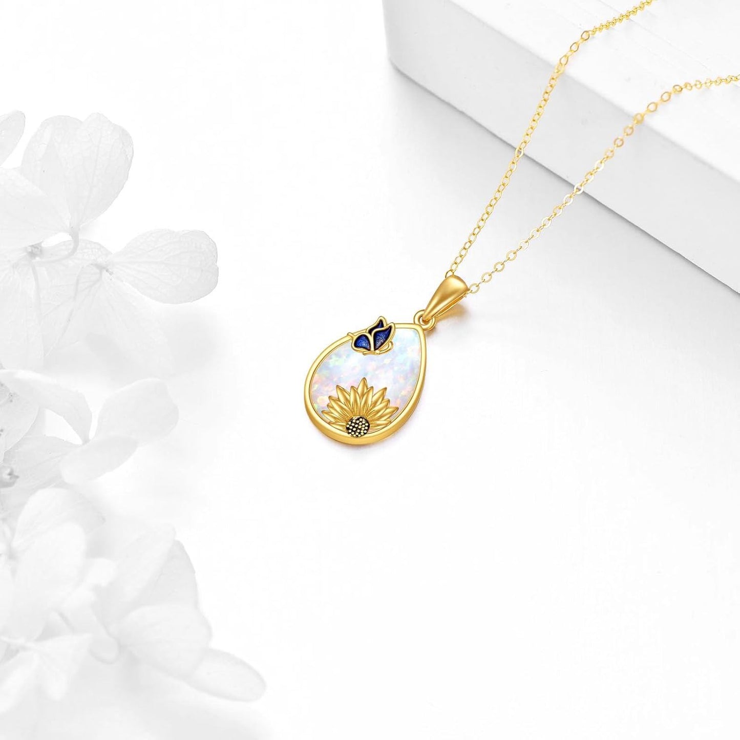 Collar de oro real de 14 quilates con colgante de mariposa y girasol de ópalo, hipoalergénico, regalo para mujer