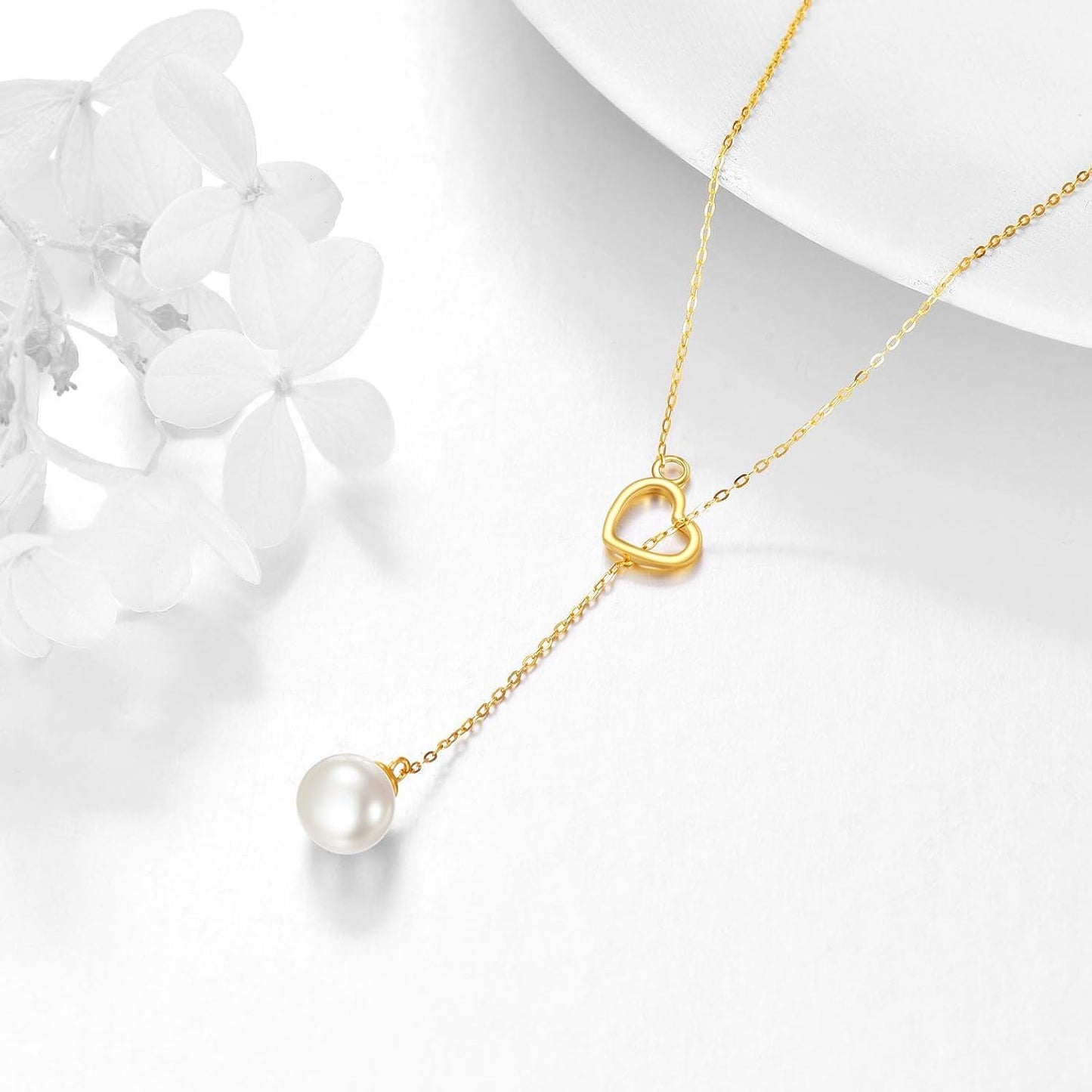 14K Gold Heart & Pearl Lariat Necklace