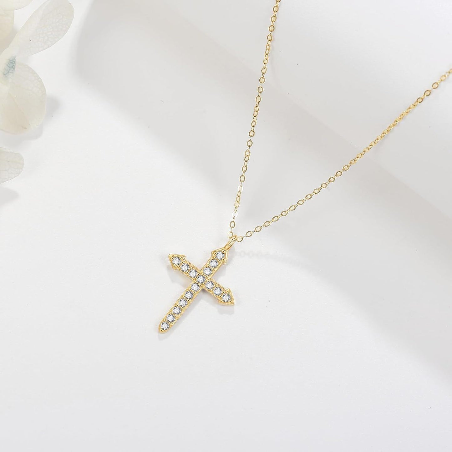 14K Gold Cross Pendant Necklace with Cubic Zirconia