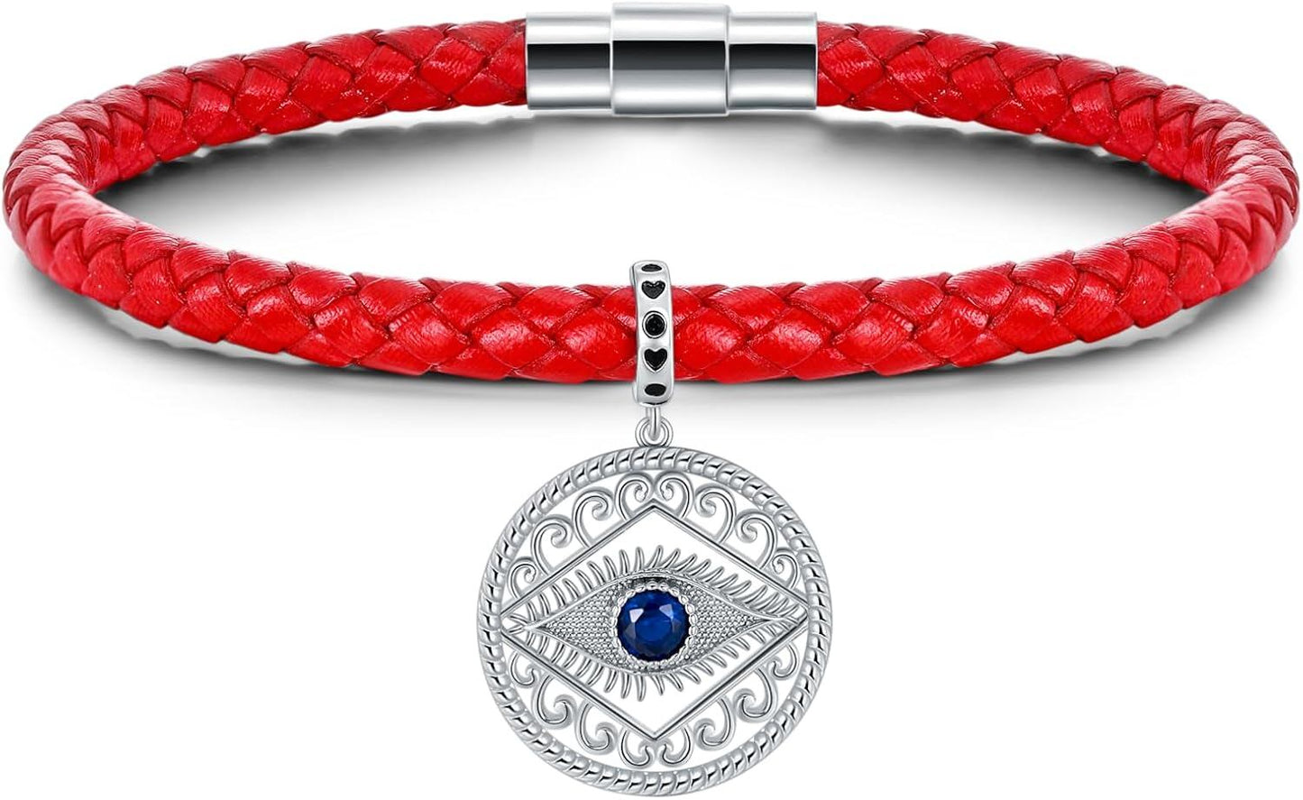 925 Sterling Silver Evil Eye Pendant Red Leather Bracelet With Blue Zircon