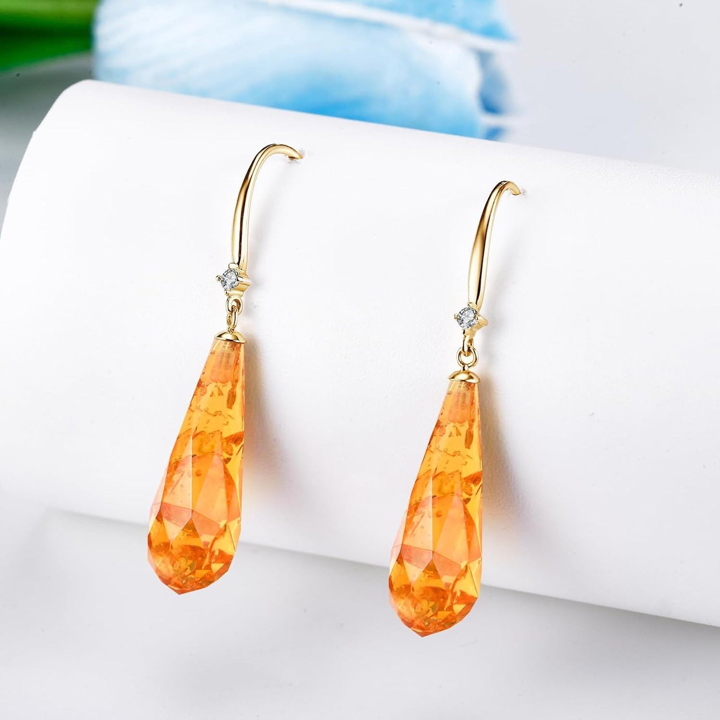 14K Gold Teardrop Shape Stone Drop Earring Wholesale with Blue Crystal and Diamond Accent for Women's Fashion Jewelry
