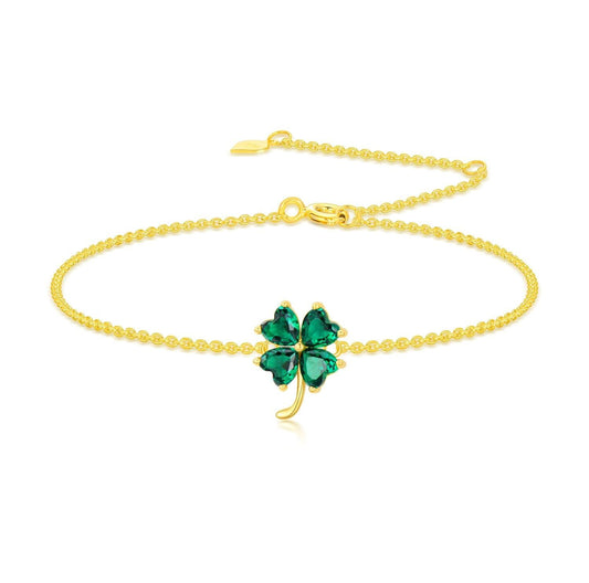 14k Gold Green Four Leaf Clover Bracelet
