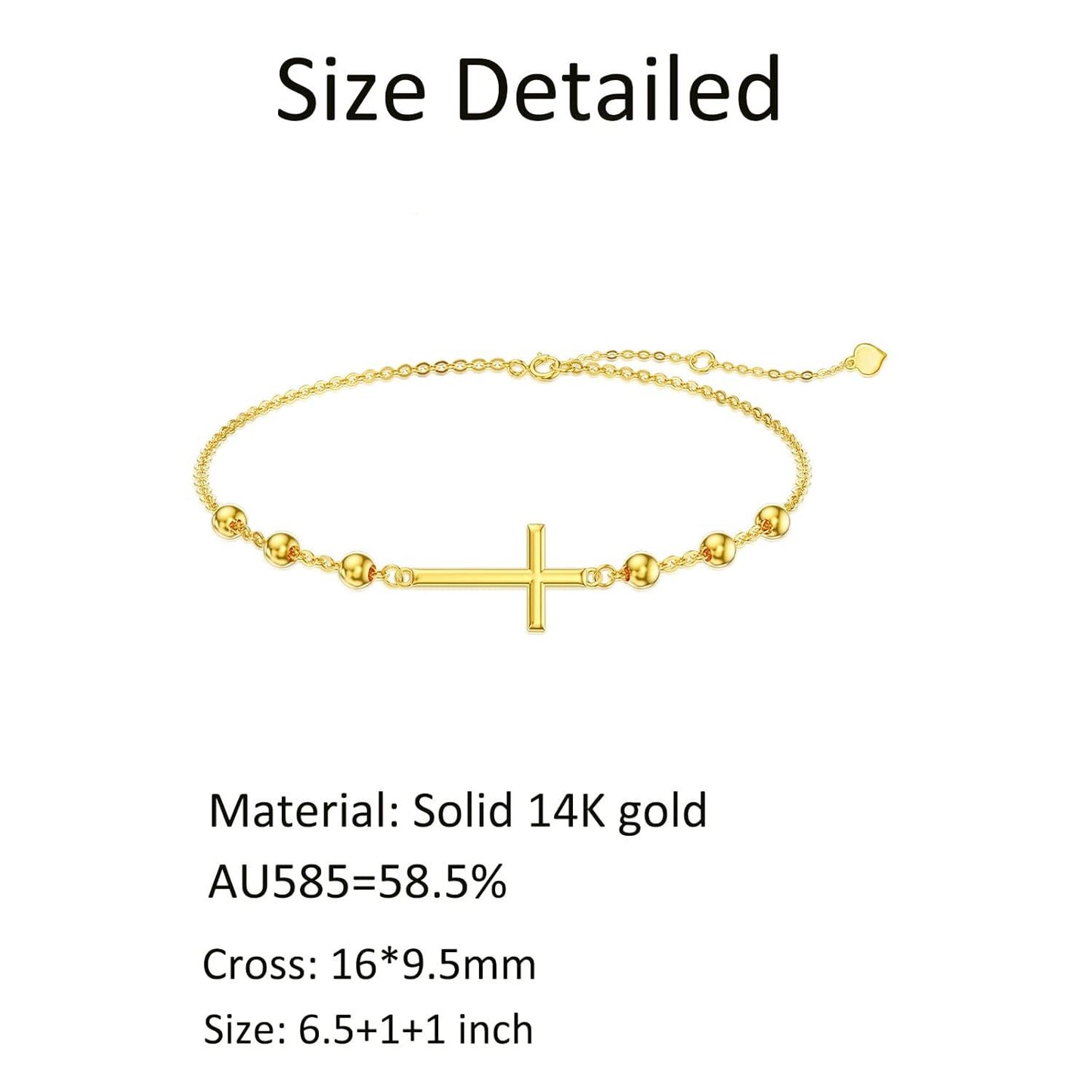 Pulsera de cadena de cuentas con cruz lateral de oro de 14 quilates