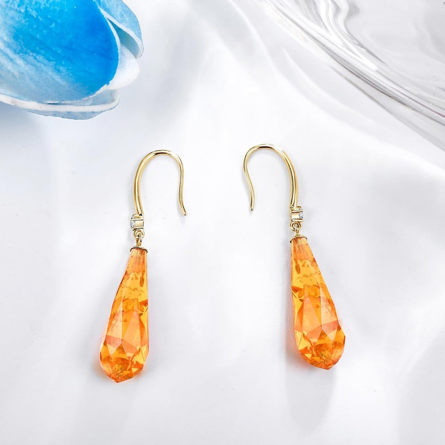 14K Gold Teardrop Shape Stone Drop Earring Wholesale with Blue Crystal and Diamond Accent for Women's Fashion Jewelry
