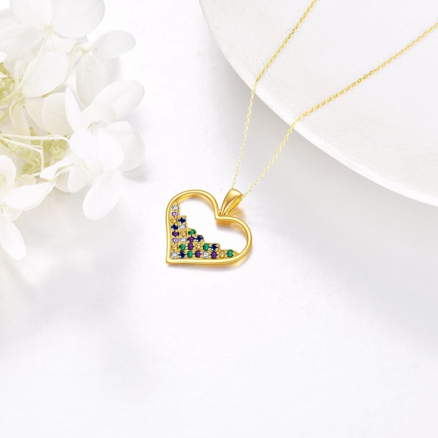 10K Gold Rainbow Crystal Heart Pendant Necklace