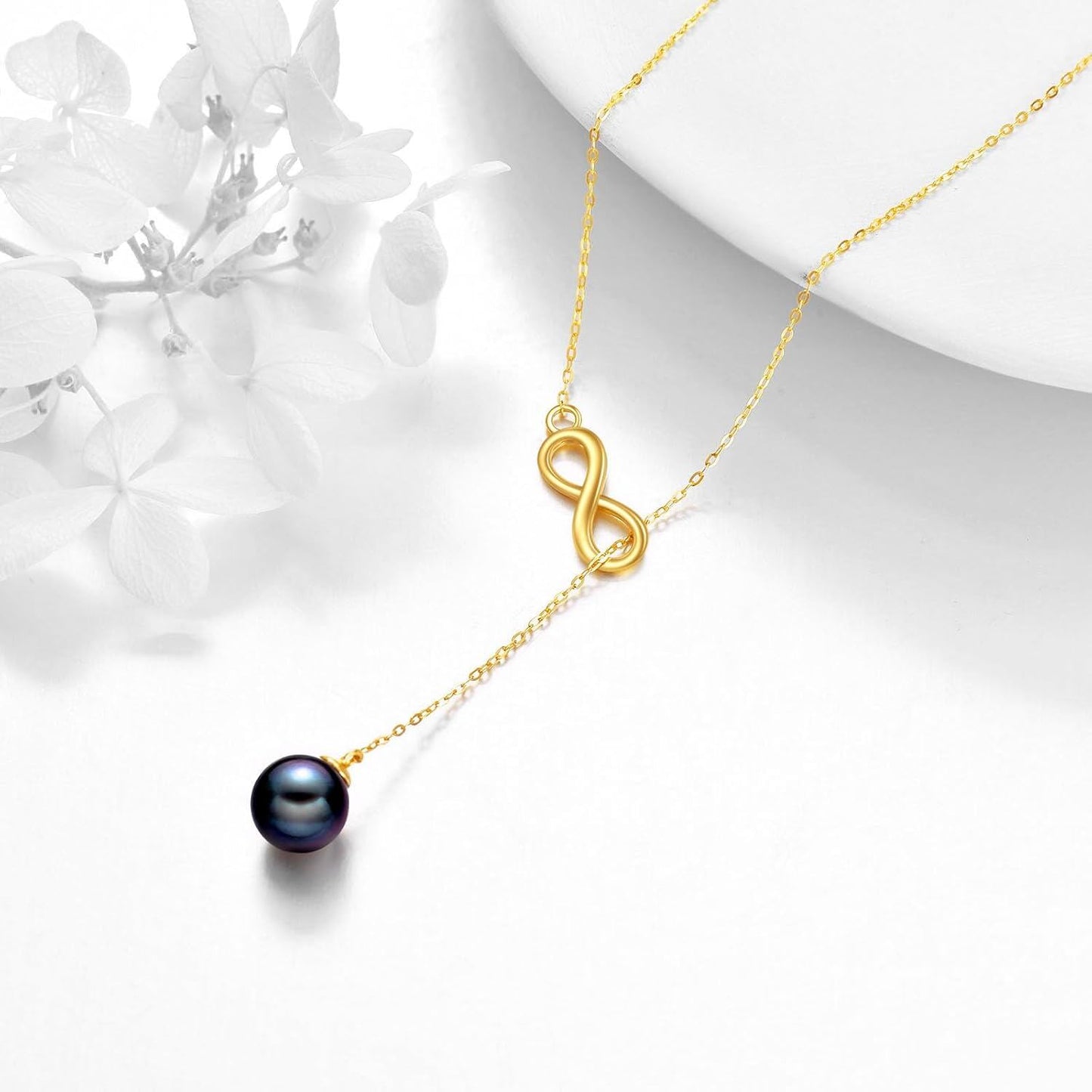 14K Gold Infinity Black Pearl Lariat Necklace