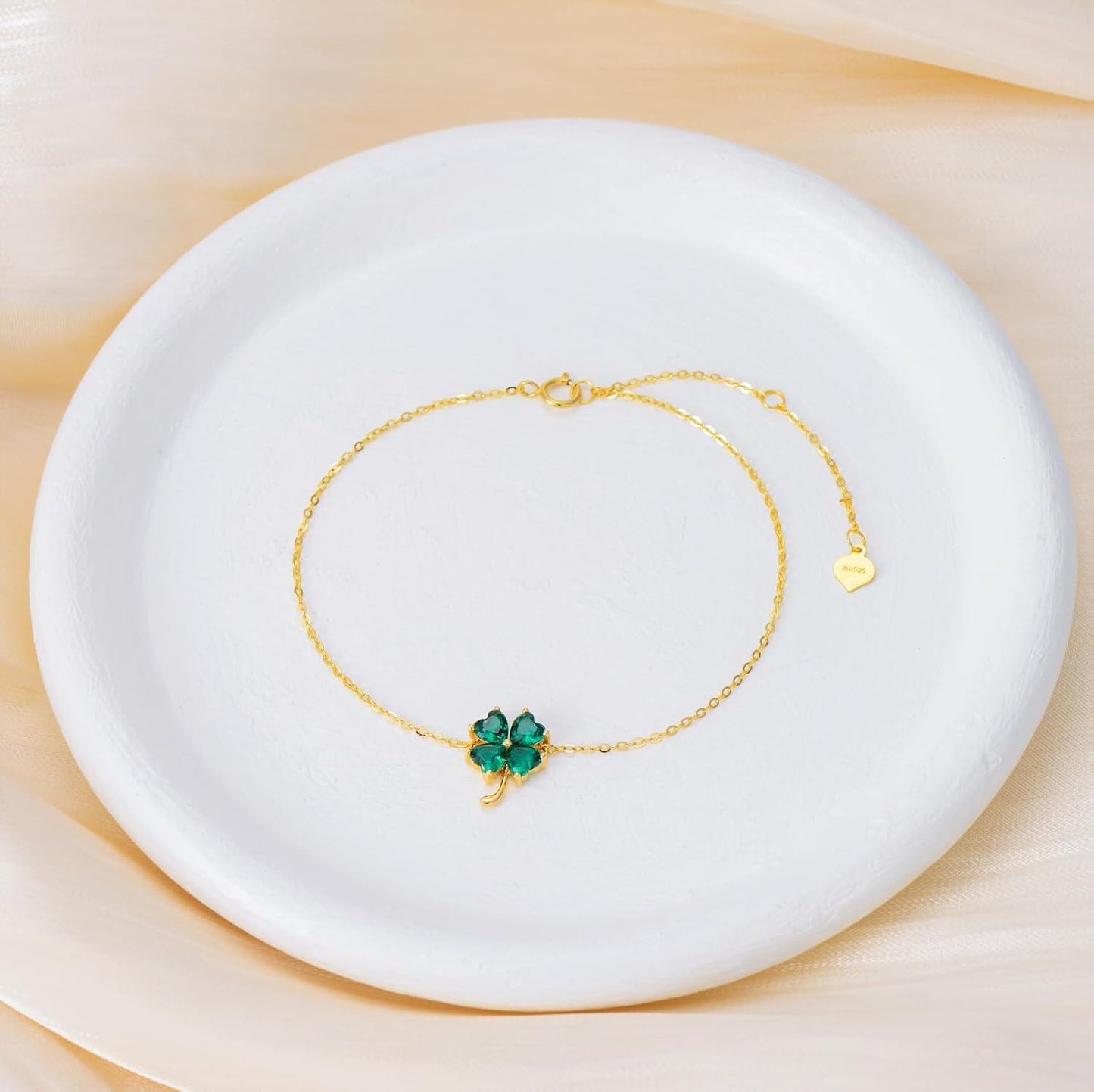 14k Gold Green Four Leaf Clover Bracelet