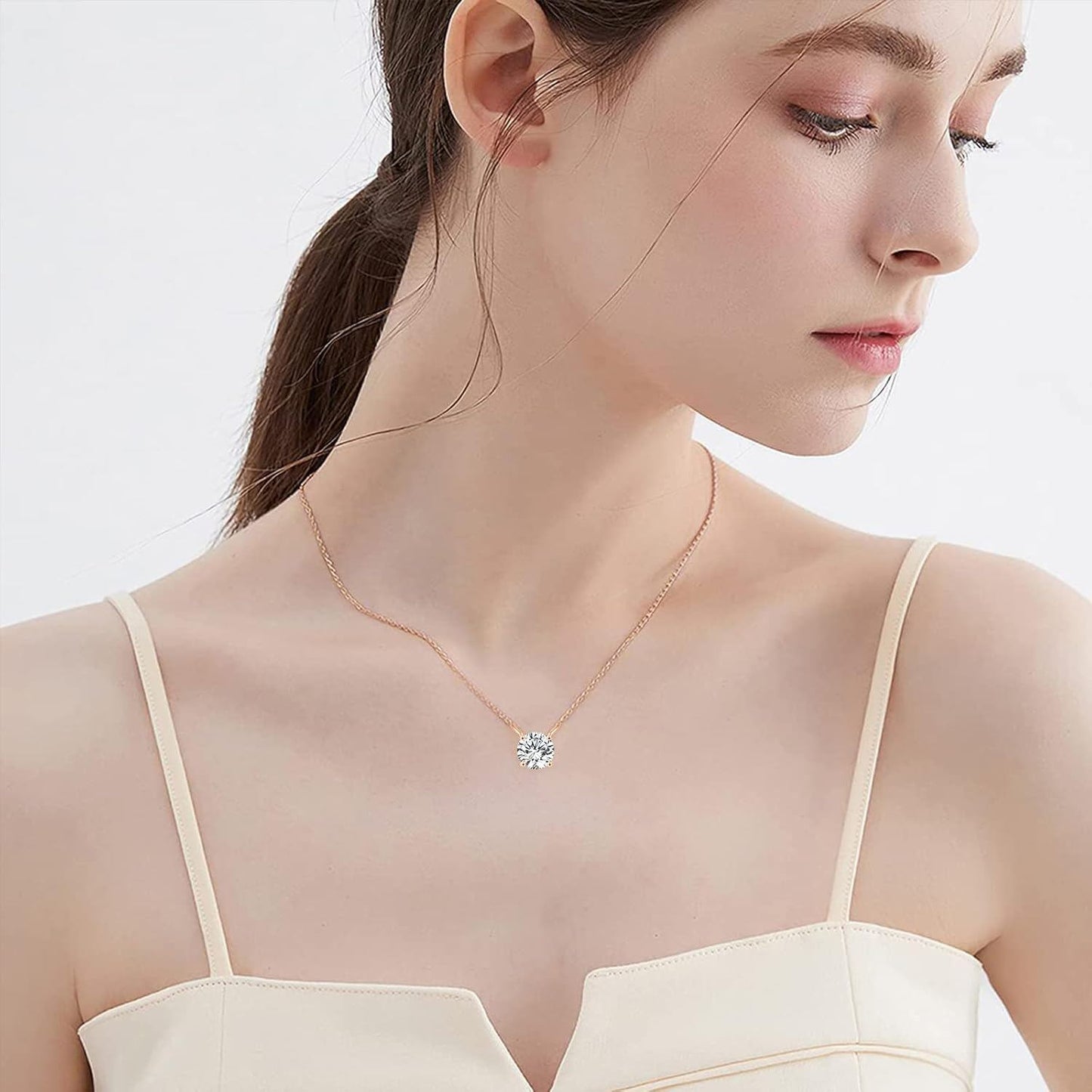 Collar con colgante solitario de moissanita redonda de oro rosa de 14K, 0,5-2 ct, cadena de 16+2