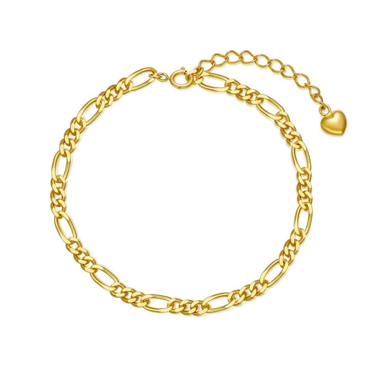 18K Gold Figaro Chain Bracelet with Heart Charm