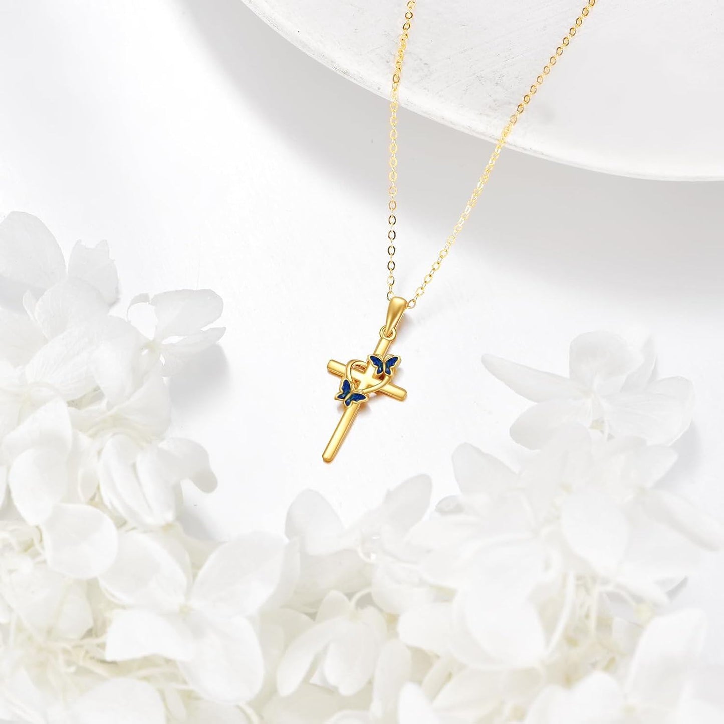 Collares con colgante de mariposa cruz de oro de 14K al por mayor para mujer, esmalte azul
