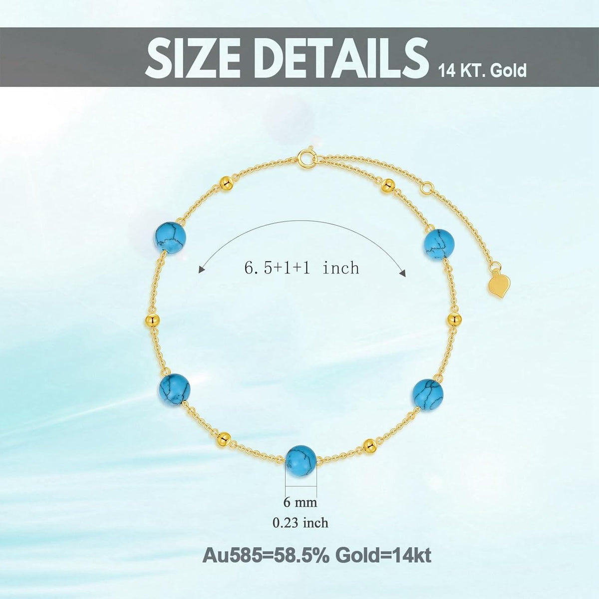 14k Gold Turquoise Round Bead Adjustable Chain Bracelet For Women