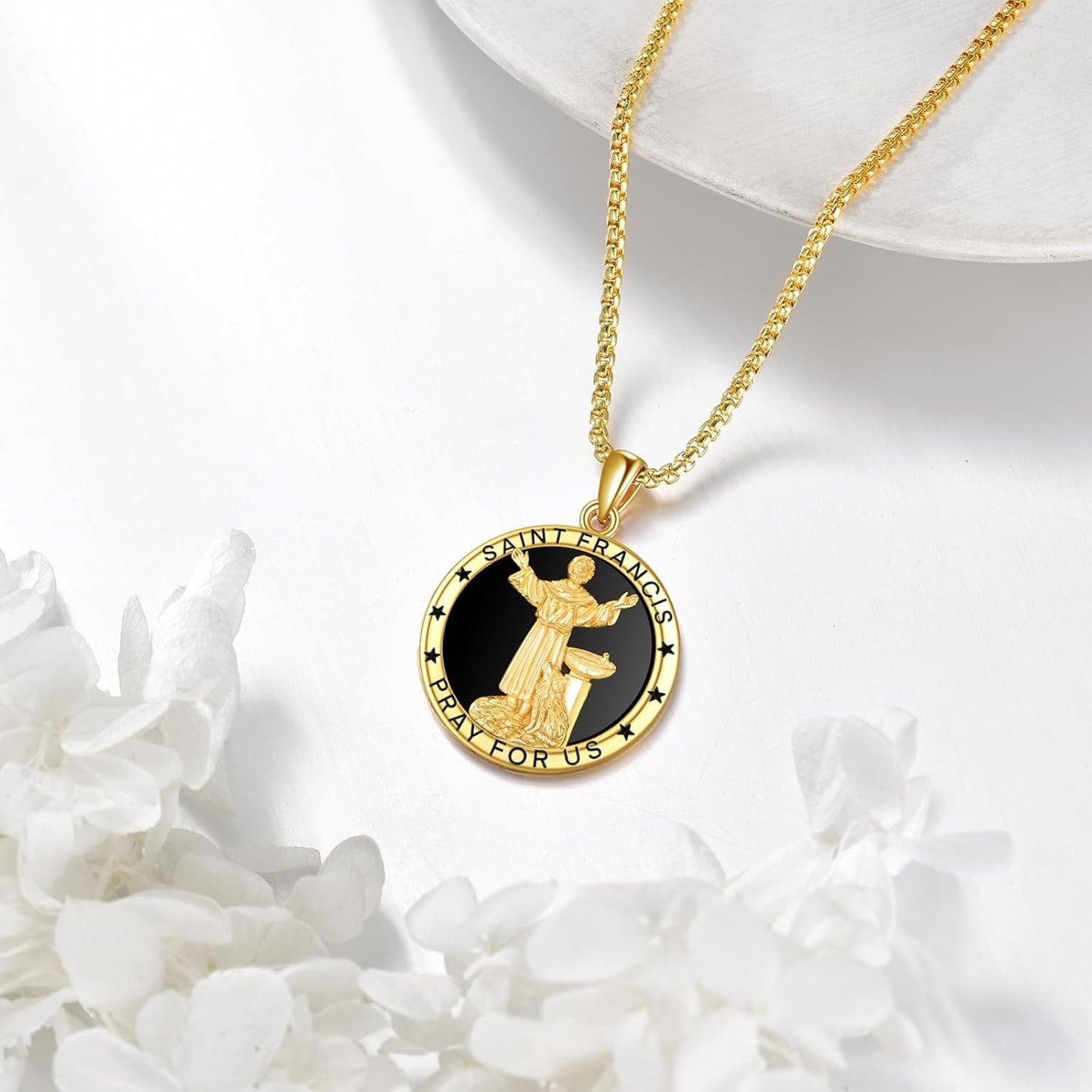 925 Sterling Silver Plated Gold  Saint Francis Pray for Us Religious Medal Necklaces